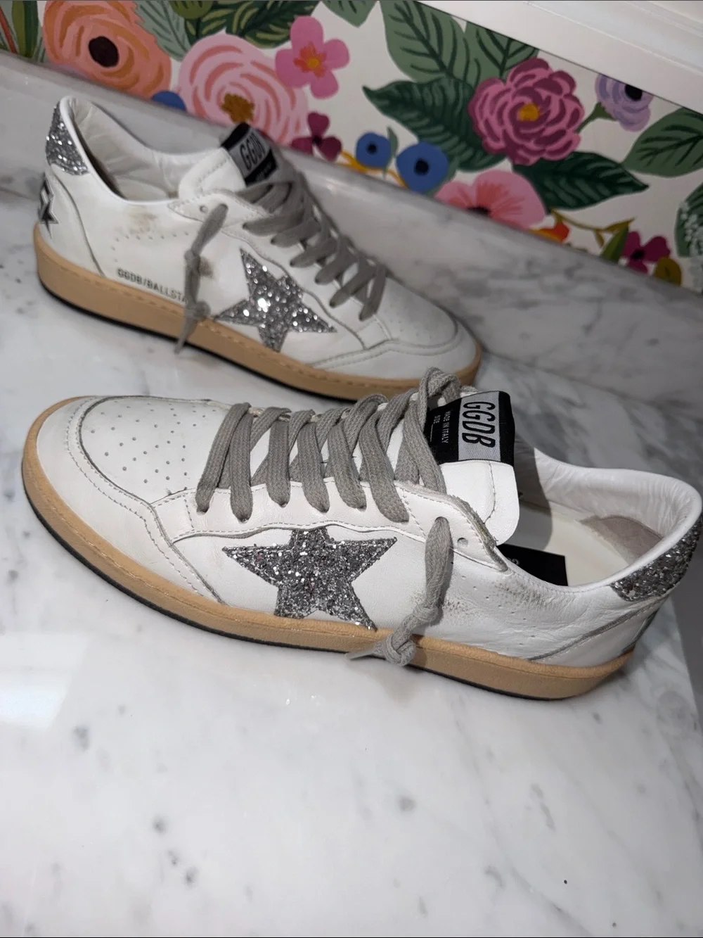 $600 Golden Goose White Leather Sneakers Silver Glitter Star Size 38 BALLSTAR